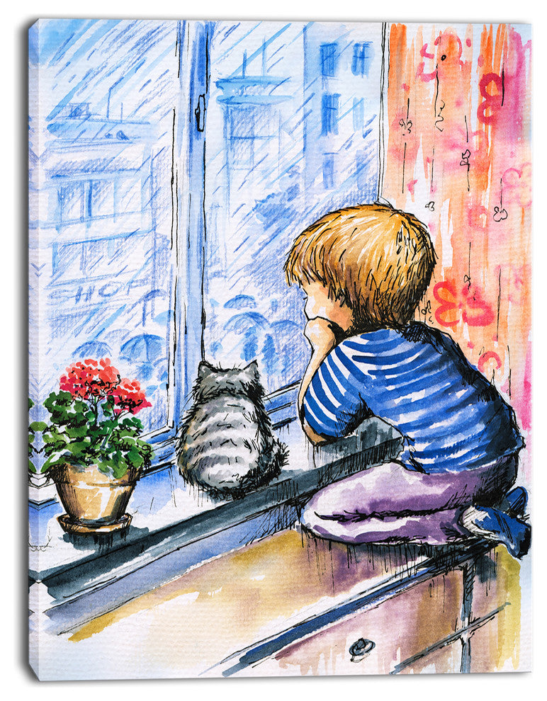 Little Boy and Cat Watching City, Modern Portrait Canvas Art, 30"x40"