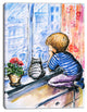 Little Boy and Cat Watching City, Modern Portrait Canvas Art, 30"x40"