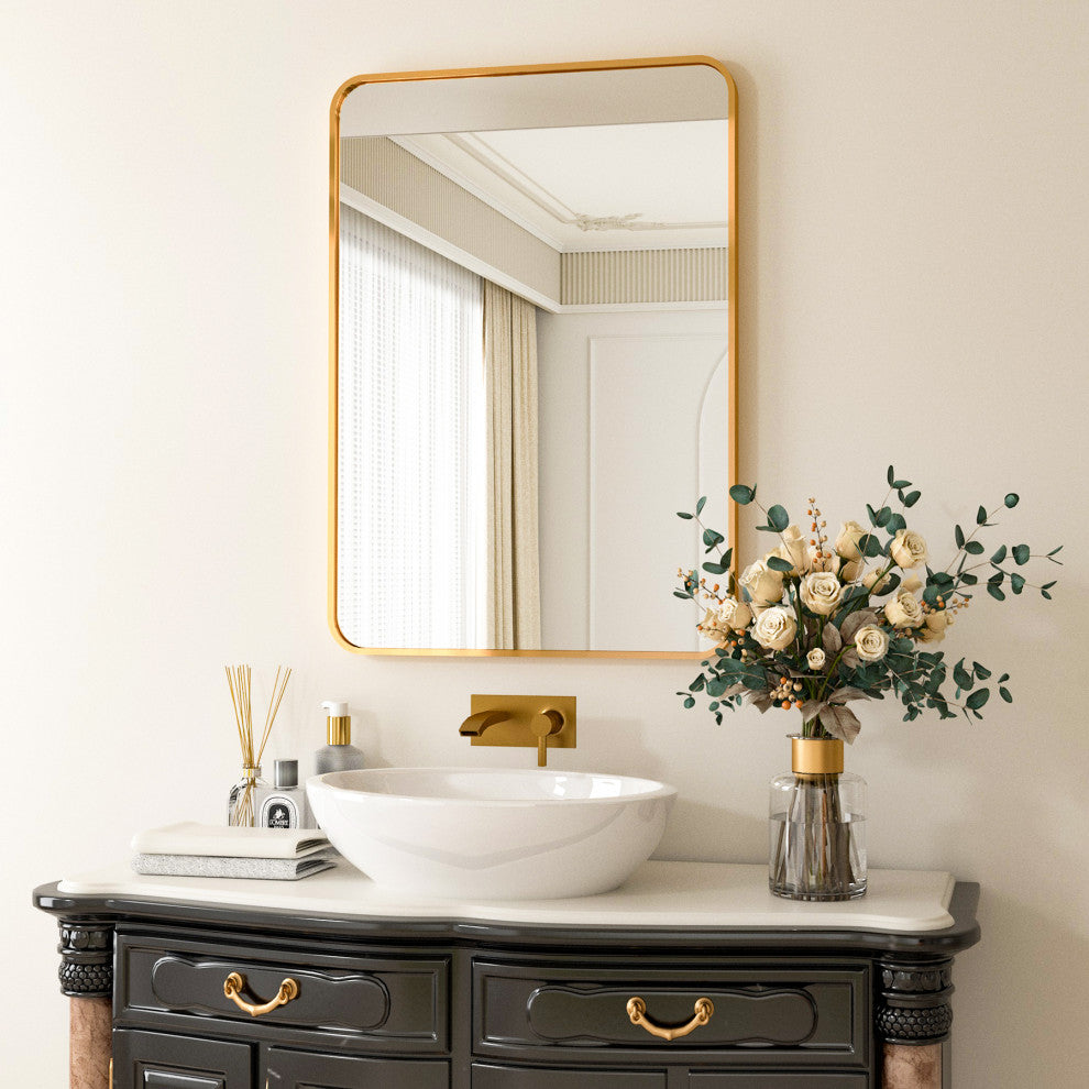 Easly Rectangular Aluminum Alloy Framed Rounded Wall Mirror, Gold, 26*38