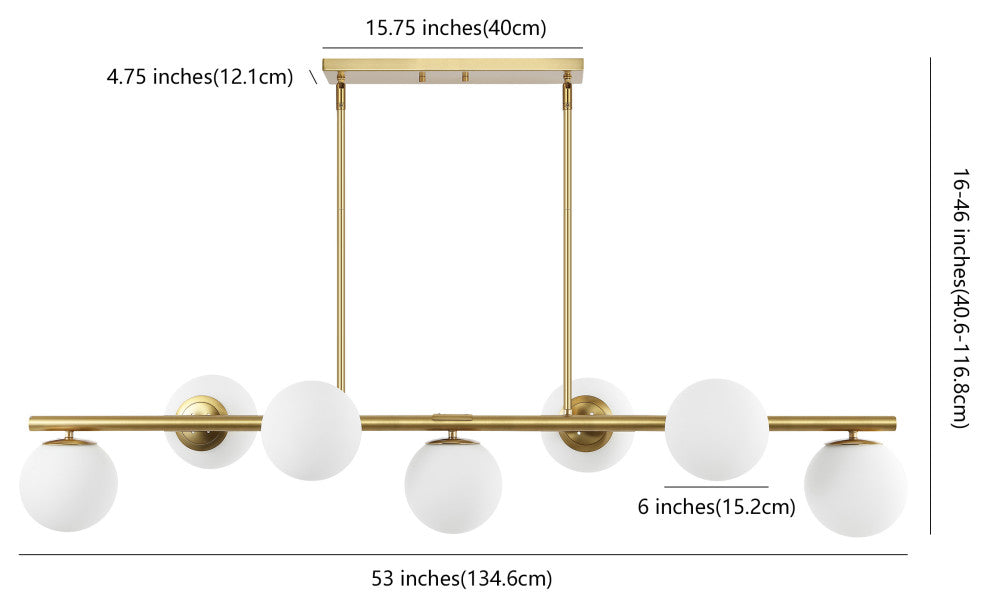 Luca Parisian 53" 7-Light Modern Iron Globe Linear LED Pendant, Brass Gold/White