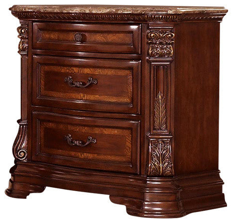 3 Drawer Wooden Night Stand With Marble Top, Cherry Brown