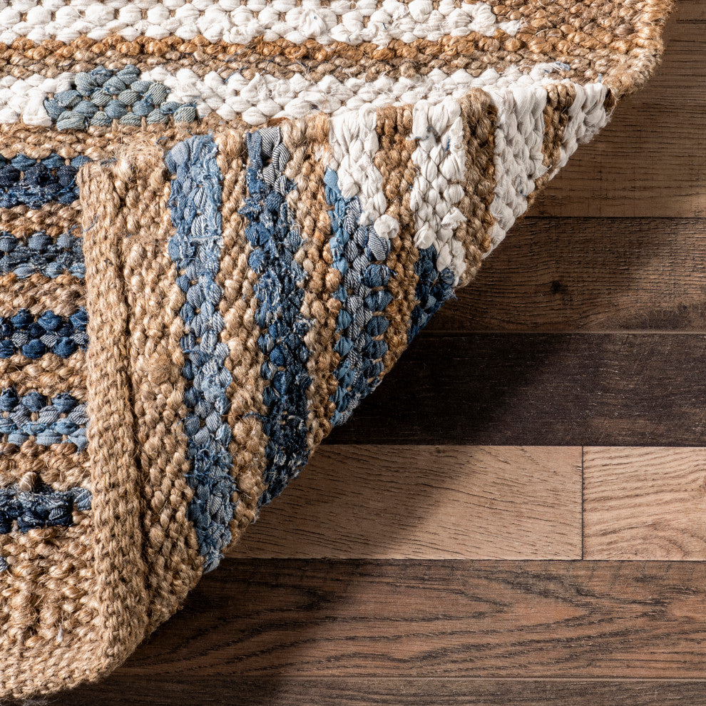 Nuloom Hand Braided Denim and Jute Striped Diamonds Area Rug, Off White 4'x6'
