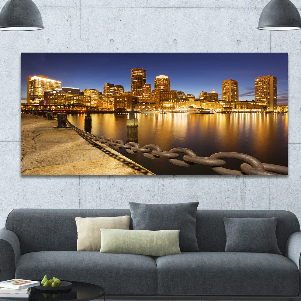 USA Skyline from Fan Pier at Night, Large Cityscape Canvas Art Print, 60"x28"