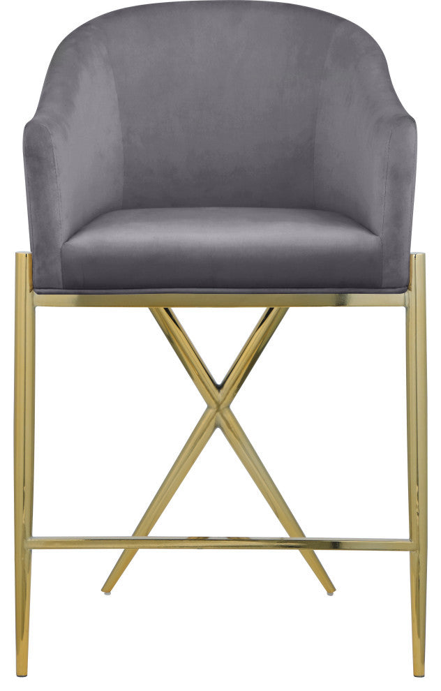 Xavier Velvet Upholstered Counter Height Stool, Gray, Gold Finish