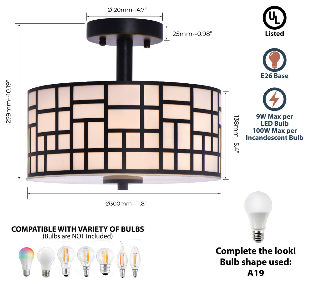Lazzur Moselle 3 Light 12" Matte Black Semi-Flush Mount Ceiling Light