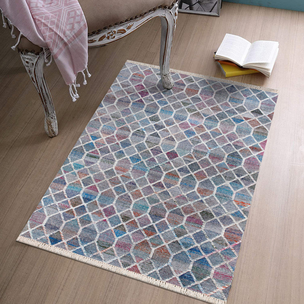 Multicolored Mosaic Lattice Handwoven Wool Dhurrie Area Rug, 2' X 3'