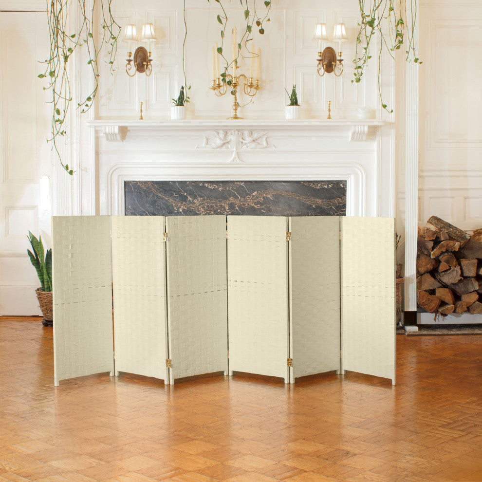 3 ft. Short Woven Fiber Room Divider 6 Panel Cream