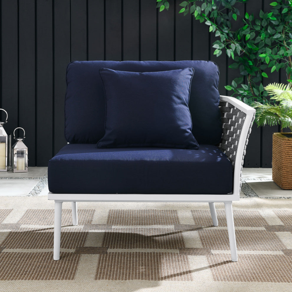 Lounge Chair, Navy White, Aluminum, Modern, Outdoor Patio Bistro Hospitality
