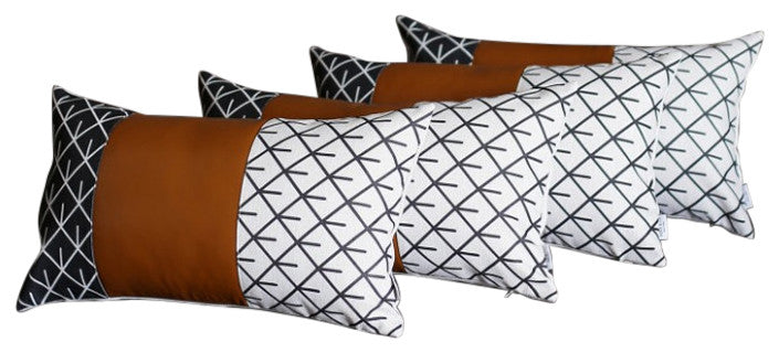 Set Of 4 Black And White Reverse With Faux Leather Lumbar Pillow Covers