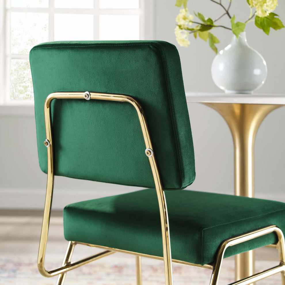 Side Dining Chair, Velvet, Metal, Gold Green, Modern, Cafe Bistro Restaurant