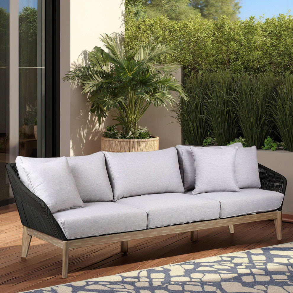 Athos Outdoor 3 Seater Sofa With Latte Rope and Gray Cushions, Light Eucalyptus