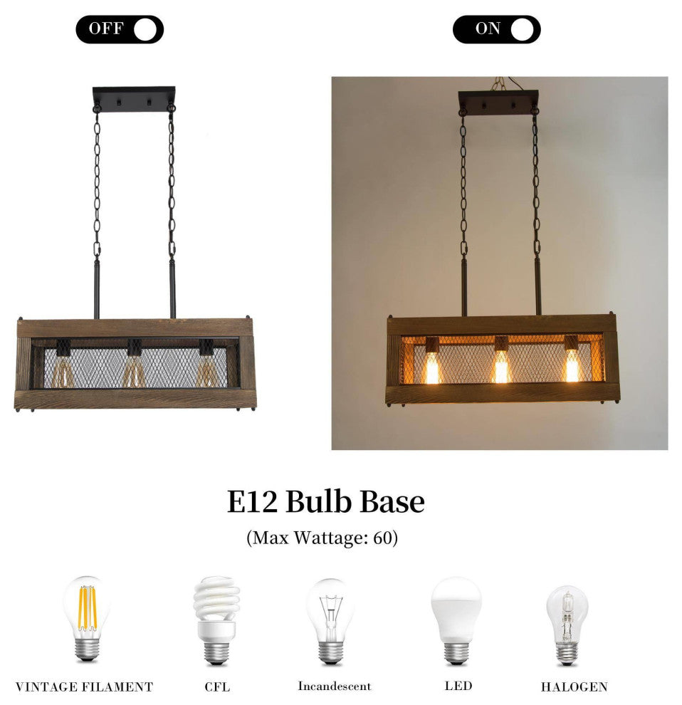 3-Ligths Matte Black Farmhouse Linear LED Kitchen Island Wooden Chandeliers