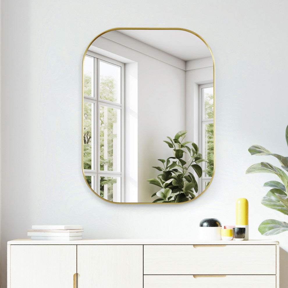 Trielle Rectangular Framed Bathroom Wall Mirror, Brushed Gold, 24"