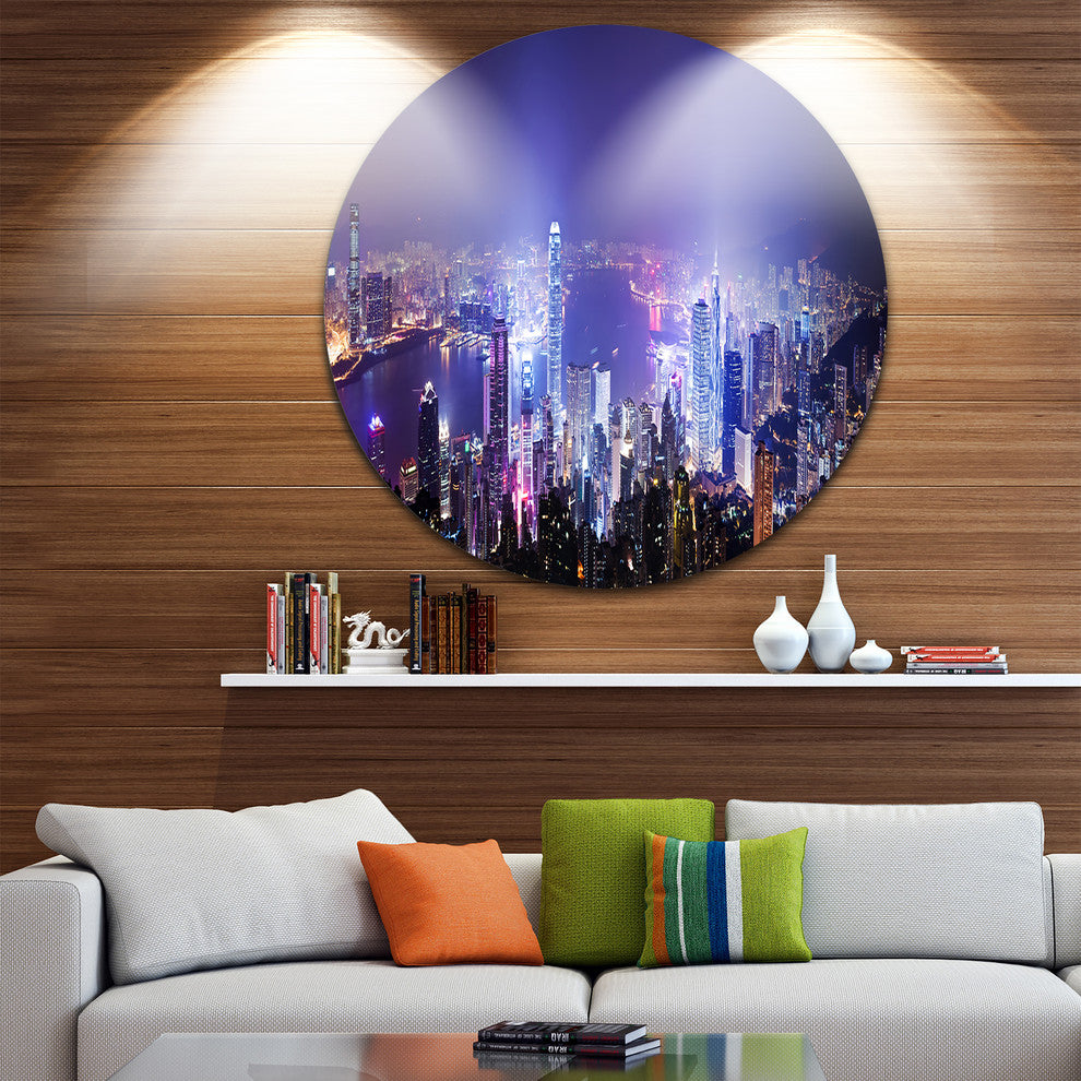 Hong Kong Night City, Cityscape Photo Round Wall Art, 11"