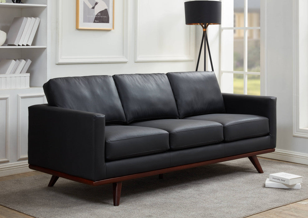LeisureMod Chester Mid-Century 3-Seater Leather Modern Sofa, Black