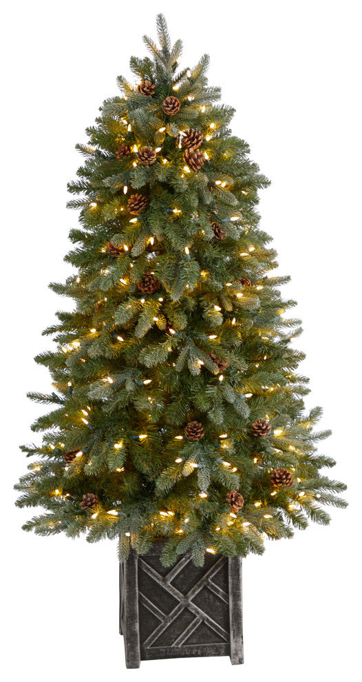 5' Colorado Fir Flocked Faux Xmas Tree W/Lights, Bendable Branches & Pinecones