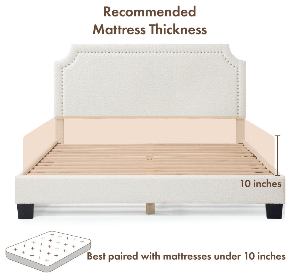 Miles White Boucle Upholstered Wood Frame Platform Bed, Queen, Naihead Trim