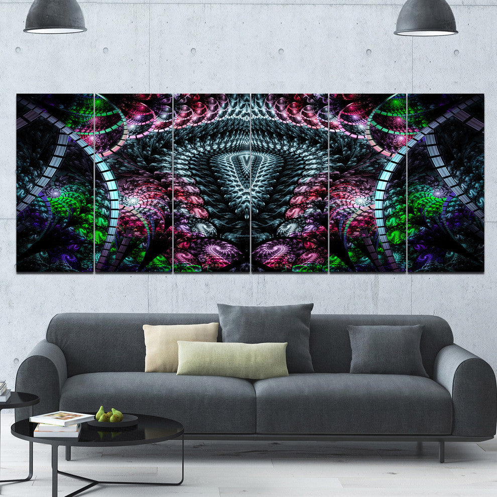 Strange Fractal Design on Black, Abstract Wall Art Canvas, 70"x28", 6 Panels