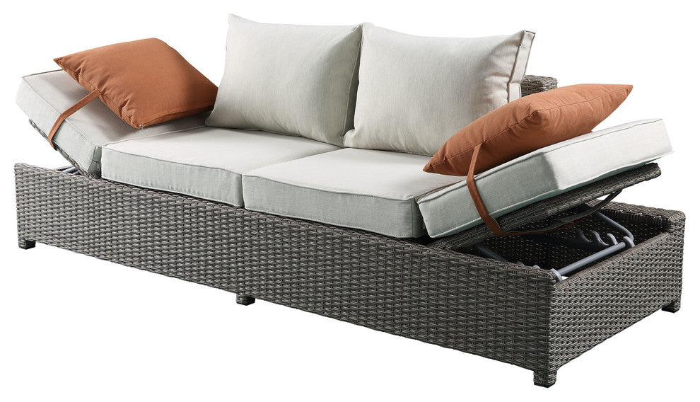 ACME Salena Patio Sofa and Ottoman with 2 Pillows, Beige Fabric and Gray Wicker