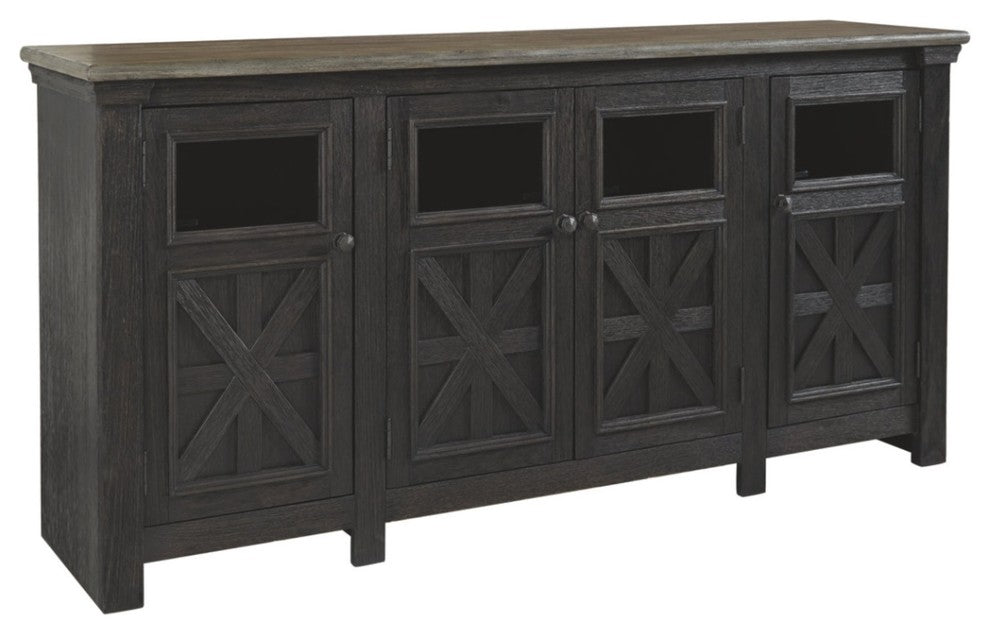 Dual Tone Wooden Tv Stand With Four Cross Buck Doors Storage, Extra Large