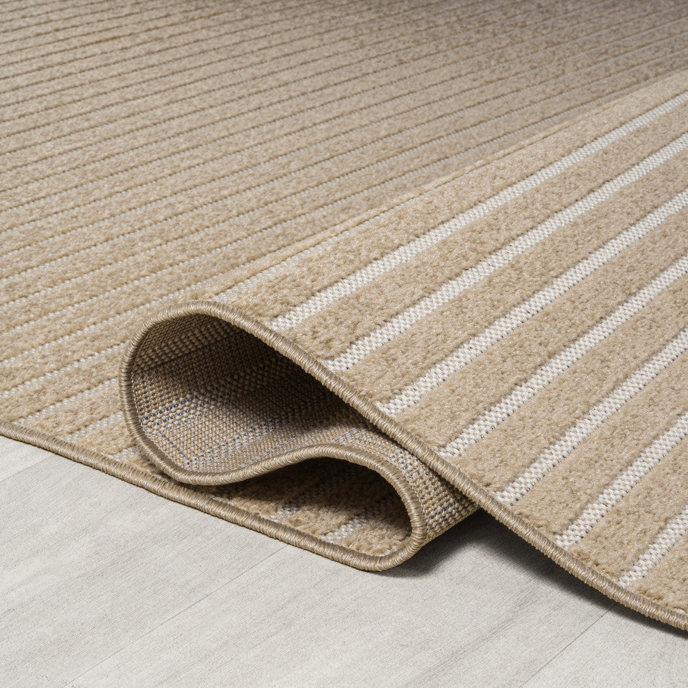 Aarhus High-Low Scandi Striped Beige/Cream 2 ft x 8 ft Indoor/Outdoor Runner Rug