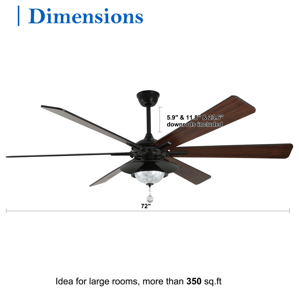 72" Antique Lagre Ceiling Fan, Wood Blades and LED Lights Kit w Crystal Shade, Gold