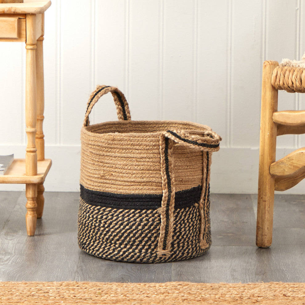 13" Boho Chic Basket Natural Jute Basket Planter, Black Bottom With Handles