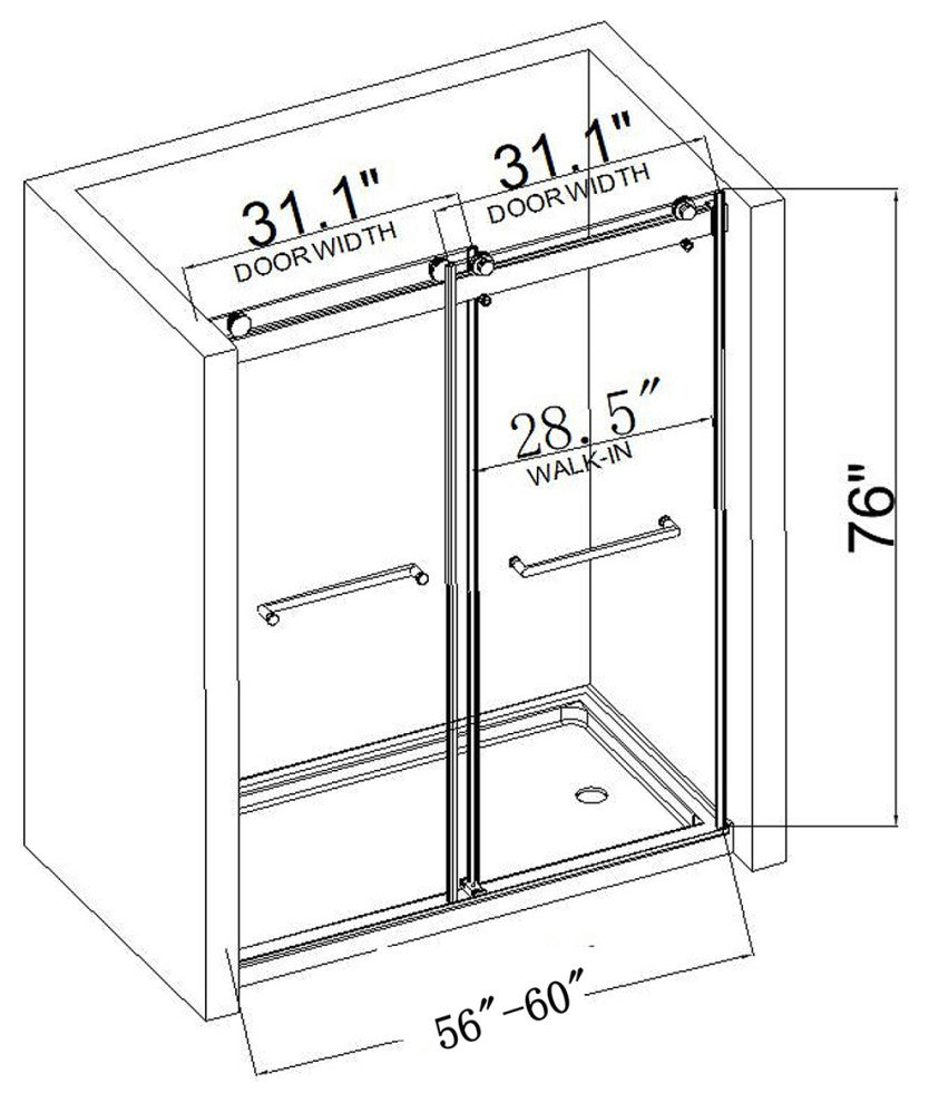 60" x 76" Double Sliding Frameless Shower Door, Buffer, Brushed Nickel