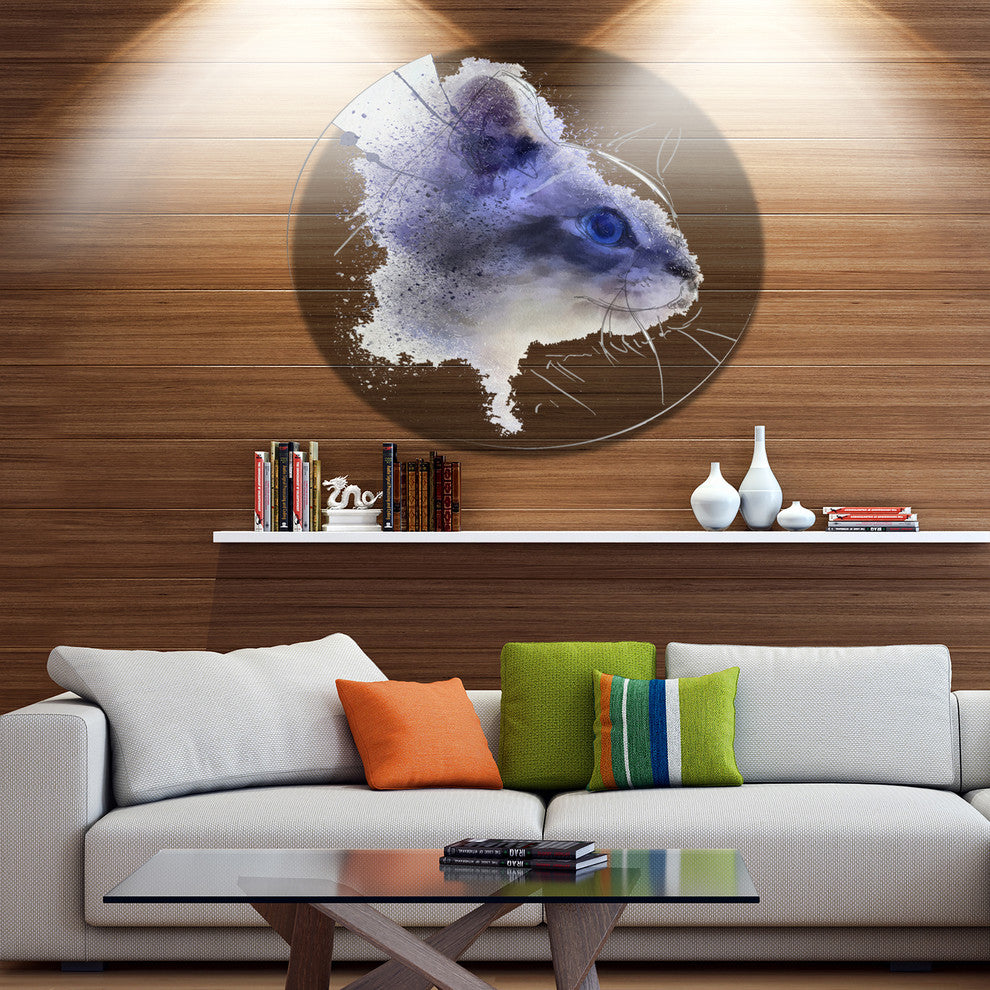 Blue Cat Face Watercolor Sketch, Animal Disc Metal Artwork, 11"