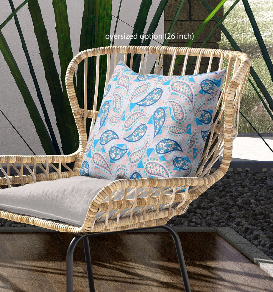 26" Blue Peach Boho Paisley Indoor Outdoor Throw Pillow