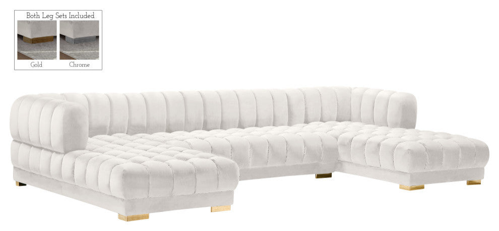 Gwen Biscuit Tufted Velvet Upholstered 3 Piece Sectional, Cream