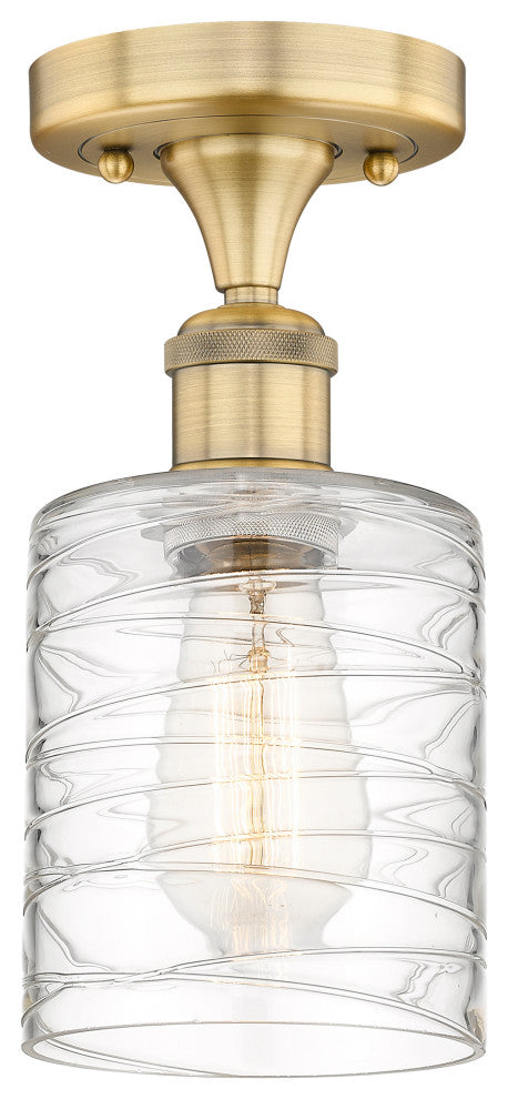 Cobbleskill-1 Light 5" Semi-Flush Mount-Brushed Brass, Deco Swirl Glass Shade