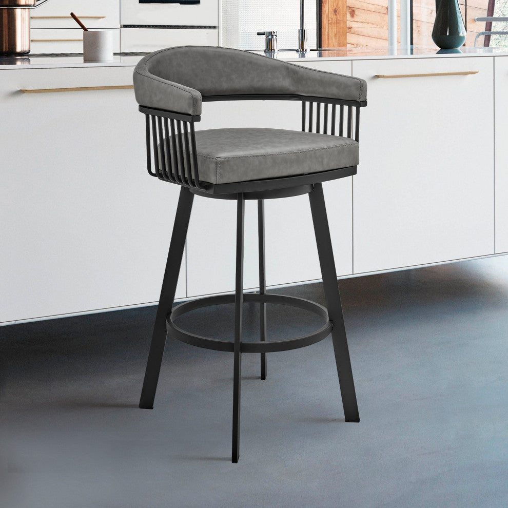 26" Mod Gray Faux Leather Black Finish Swivel Bar Stool