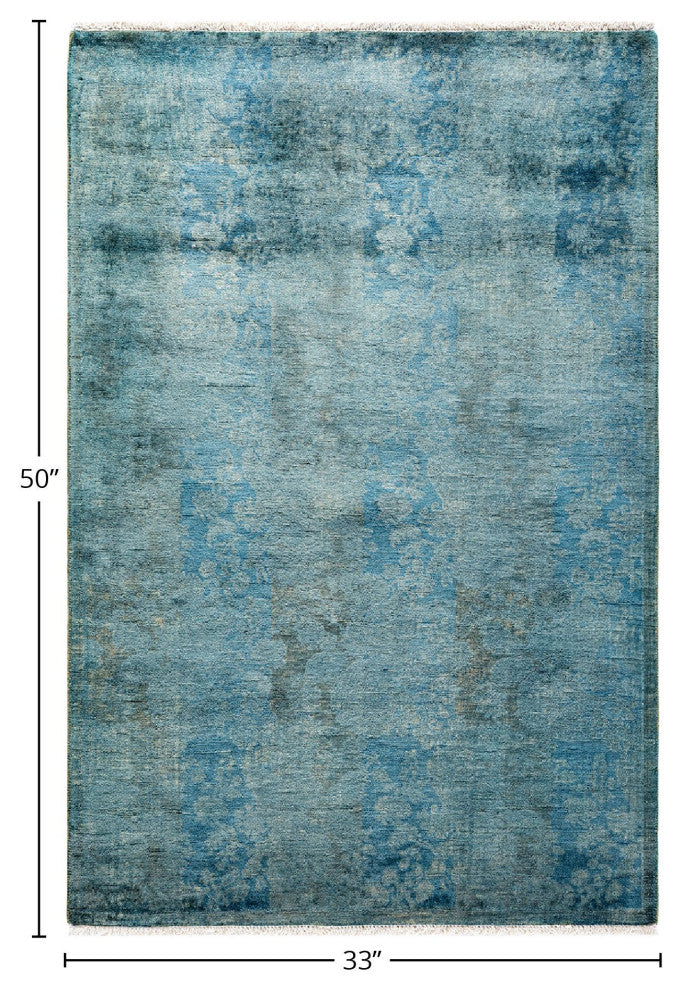 Fine Vibrance, One-of-a-Kind Hand-Knotted Runner Rug Blue, 2'9"x4'2"