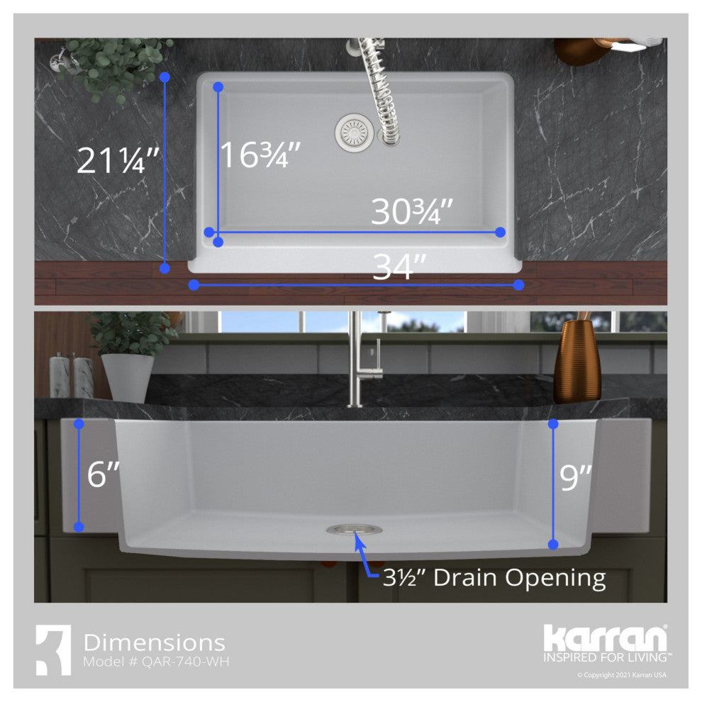Karran Retrofit Farmhouse Quartz 34" Single Bowl Sink Kit, White
