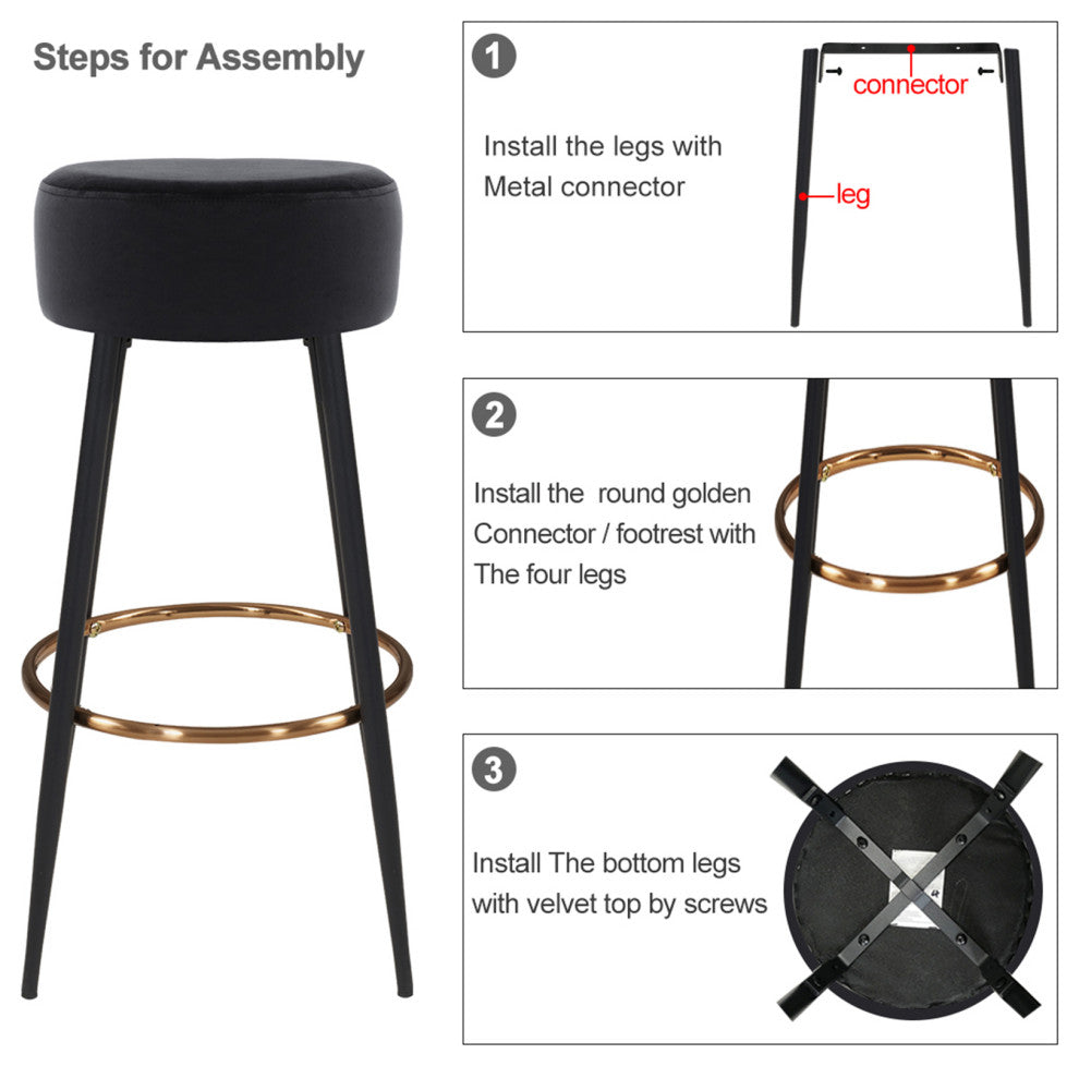 Minimalist Round Bar Stools, Black Velvet - 1 Piece, 30 Inch