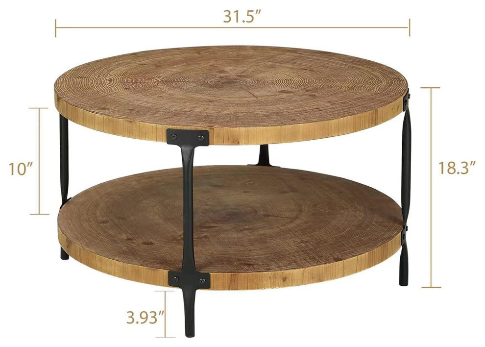 Farmhouse Round Coffee Table With Natural Wood Top and Metal Legs