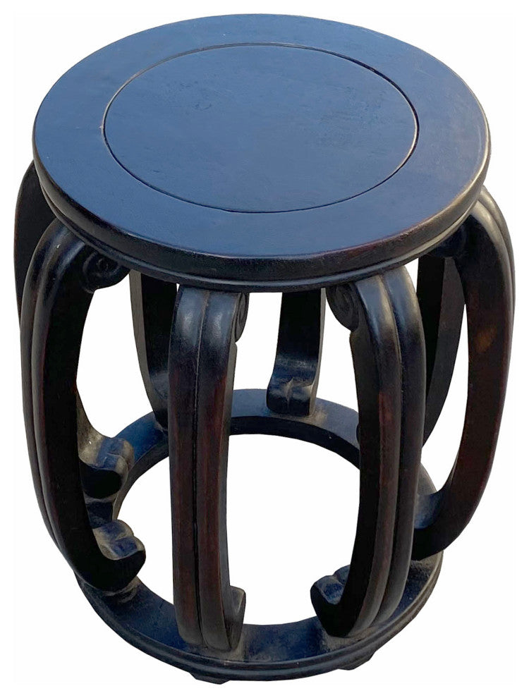 Chinese Oriental Dark Brown Wood Craw Barrel Shape Stool Hcs7098