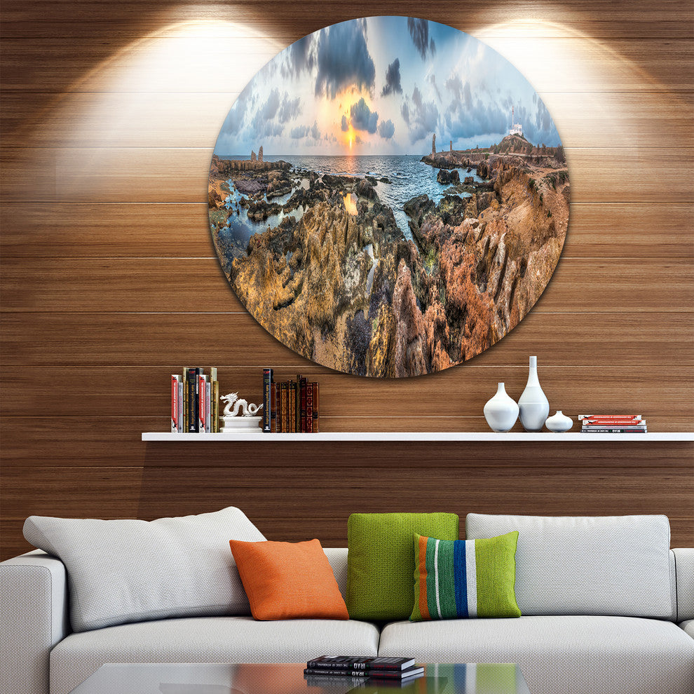 Rocky With Historic Ruins Evening, Landscape Disc Metal Artwork, 23"