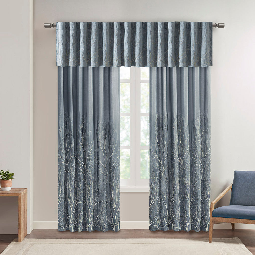 Madison Park Andora Embroidered Branches Faux Silk Window Panel, Blue, Blue, 95"