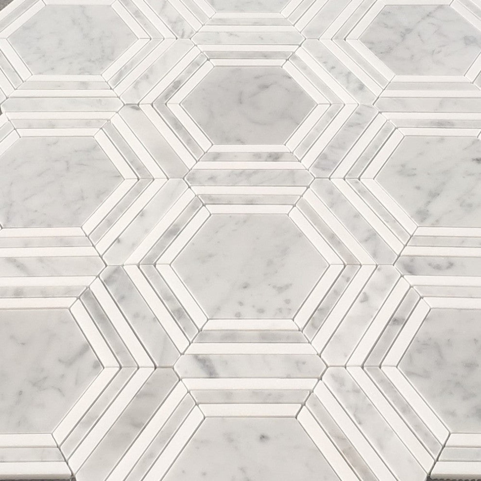 Carrara White Marble 5" Hexagon Georama Tile Thassos Strip Polished, 1 sheet