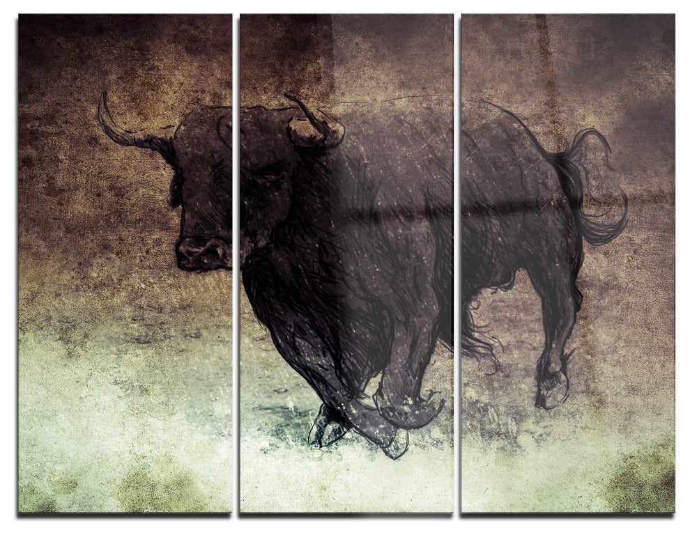 "Bull Running on Vintage Paper" Digital Metal Wall Art, 3 Panels, 36"x28"