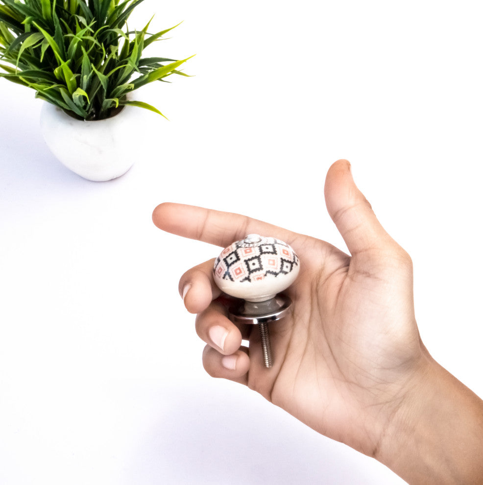 Mascot Hardware White Ceramic Knob with Pink and Black Geometric Pattern - PK 10
