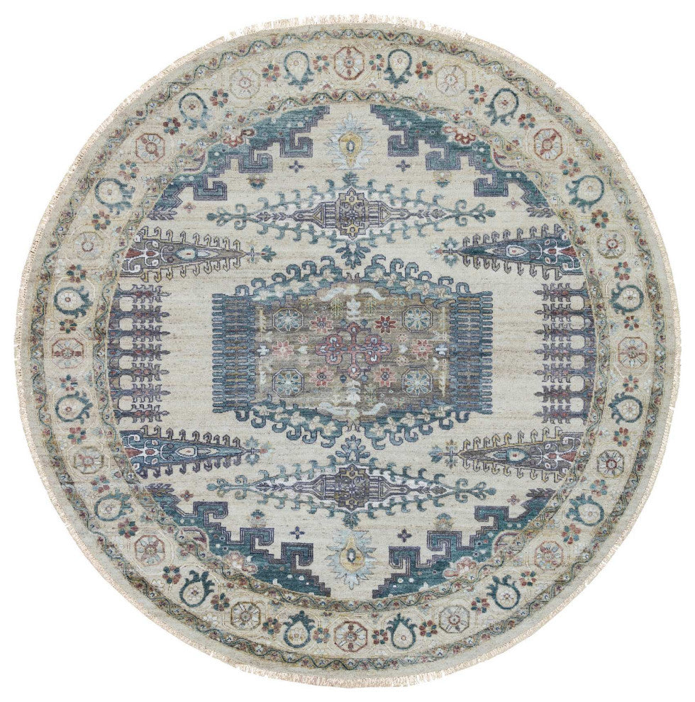 Ivory Wool Hand Knotted Reimagined Persian Viss Round Oriental Rug, 9'9"x9'9"