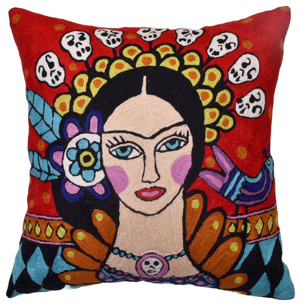 Frida Kahlo Inspired Pillow Cover Red Tiara Hand Embroidered Wool 18x18