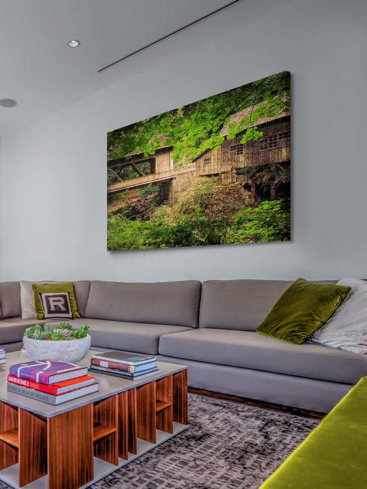 "Cedar Mill and Covered Bridge" Painting Print on Canvas