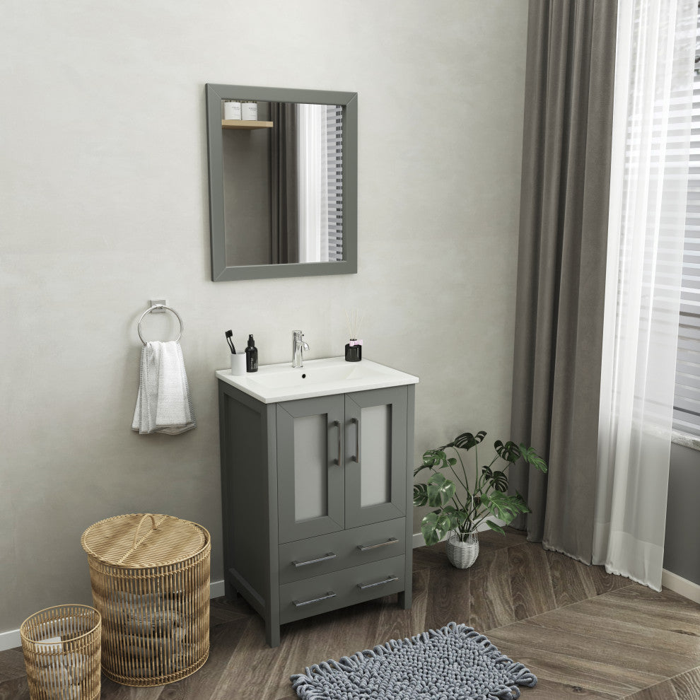 Vanity Art Vanity Set With Ceramic Top, 24", Gray, Led Touch-Switch Mirror