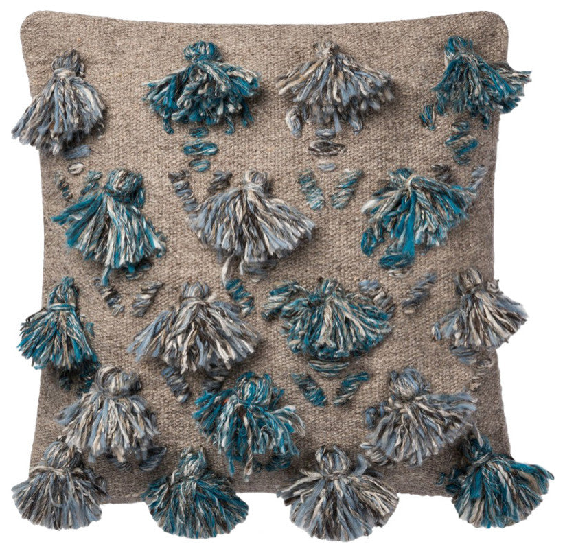 Blue Gray Tassels, Cotton Base Throw Pillow 22"x22", Down Fill