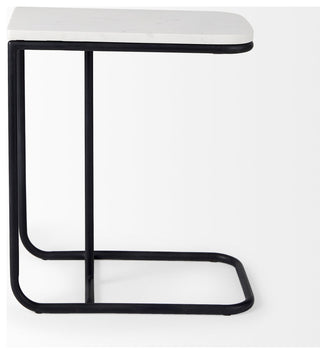 Kyra 12Lx20Wx23H White Marble Top With Black Iron Frame C-Shaped Side Table