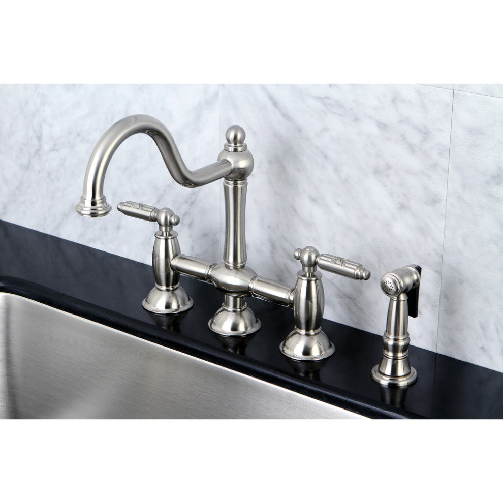 KS3798GLBS Restoration Bridge Kitchen Faucet With Brass Sprayer, Brushed Nickel